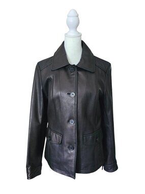 VTG Liz Claiborne Womens Black Leather Jacket S Button Front Y2K Classic Capsule